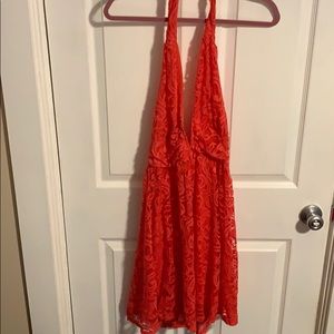 Plunging V Neck Coral Lace Dress